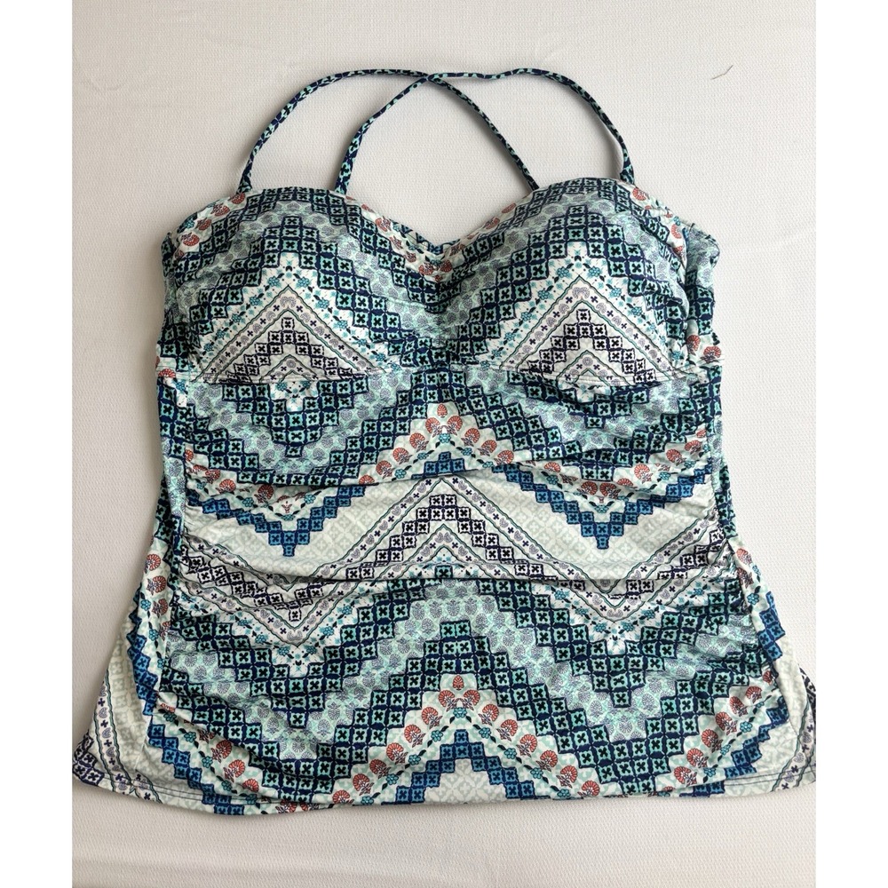 Liz Claiborne Womens 20W Tankini Swim Top Halter Padded Blue Zig Zag Beach‎